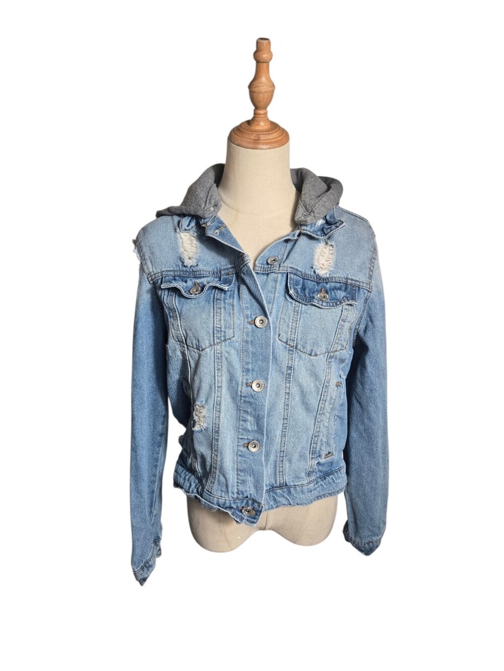 Cavalini Y2K Blue Distressed Denim Jacket with Detatchable Gray Sweatshirt Hood